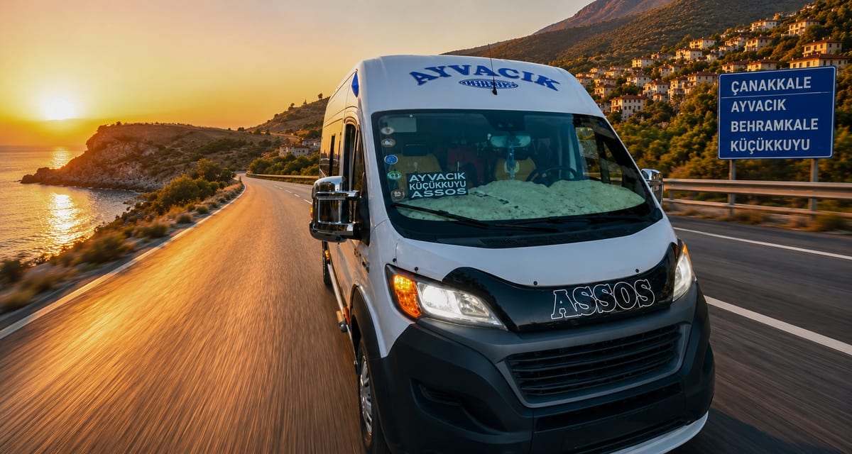 Ayvacık–Assos minibüsü gün batımında sahil yolunda; arkada Athena Tapınağı ve Çanakkale-Ayvacık-Behramkale-Küçükkuyu yön tabelası